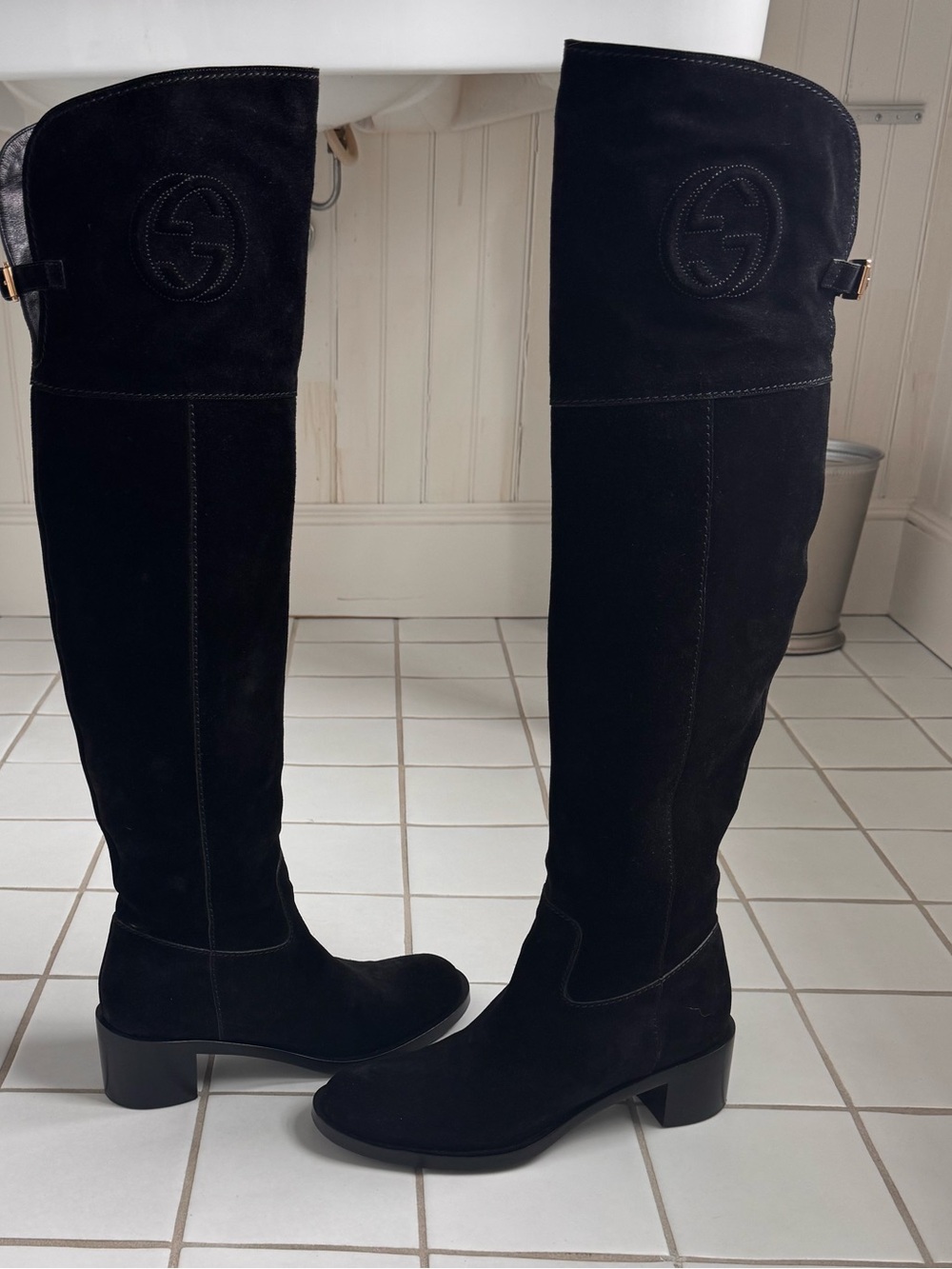 Gucci Black Suede Over-the-Knee Boots with Signature Logo